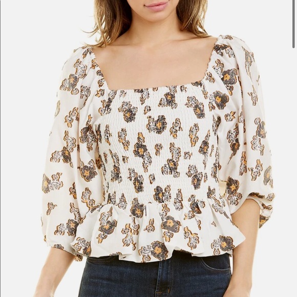 TANYA TAYLOR NWT Cream Smocked Silk Blend Floral Emma Top Size Large - Picture 10 of 10